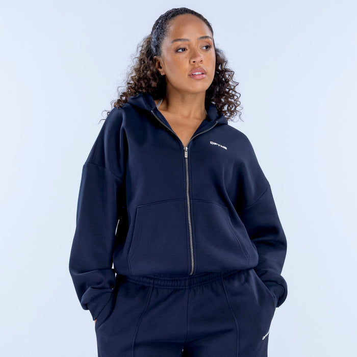 Navy full-zip hoodie with hood and kangaroo pocket