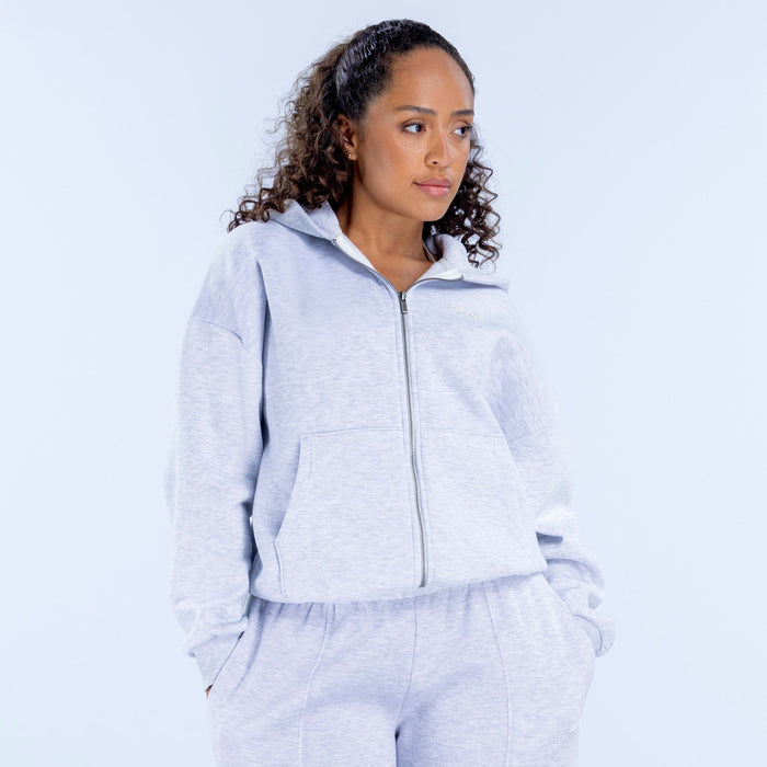Light blue zip-front hoodie with stand collar, front zipper, and kangaroo pocket