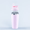 Pink shaker bottle with flip-top lid and carrying loop, stainless steel base