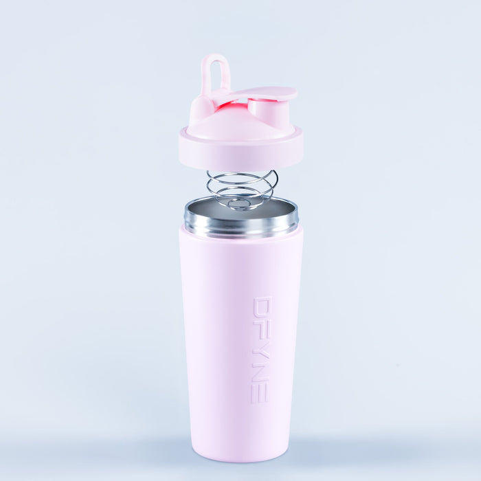 Pink shaker bottle with flip-top lid and carrying loop, stainless steel base