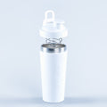 Shaker bottle with flip-top lid, spring whisk, and screw-on base, light gray body