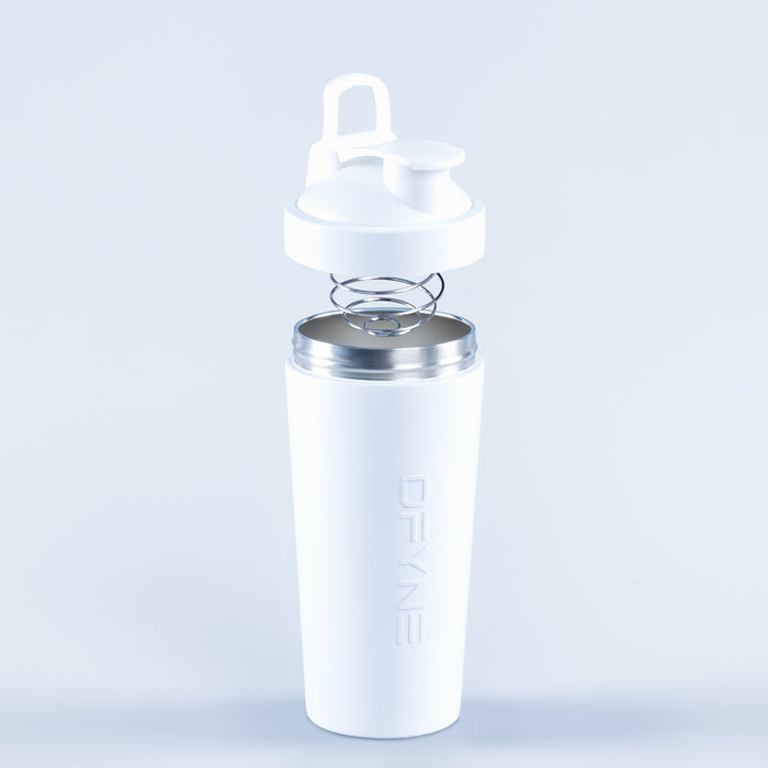 Shaker bottle with flip-top lid, spring whisk, and screw-on base, light gray body