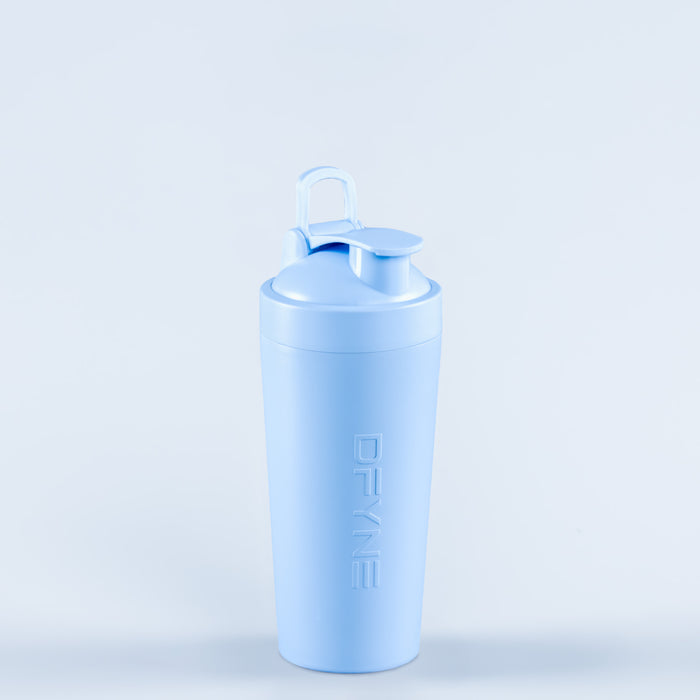 Blue shaker bottle with flip-top lid and vertical DELINE logo on front.