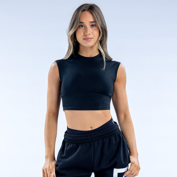 Navy sleeveless crop baby tee with crew neck