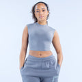 Gray sleeveless cropped baby tee with crew neck and printed logo on front