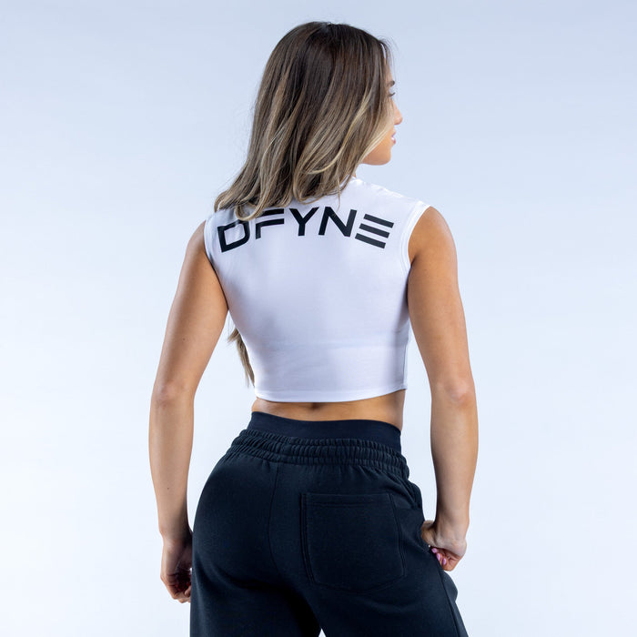 White sleeveless crop tee, DFYNE logo centered on back