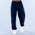 Navy cuffed jogger pants with elastic waistband and side graphic print