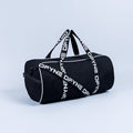 Black duffle bag with white logo strap and front zipper pocket