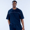 Navy crew-neck jersey with short sleeves and white logo panel detail