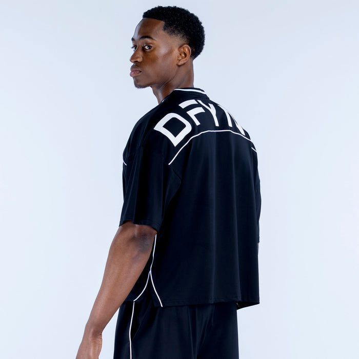Black jersey with white side piping and back shoulder print; side profile