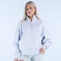 Light gray quarter-zip sweatshirt with zip neck and front pocket