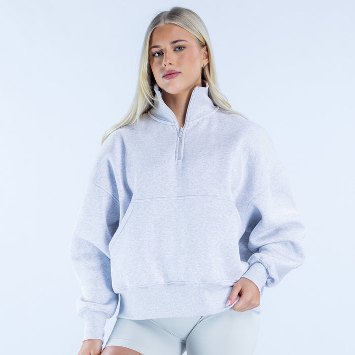 Light gray quarter-zip sweatshirt with zip neck and front pocket