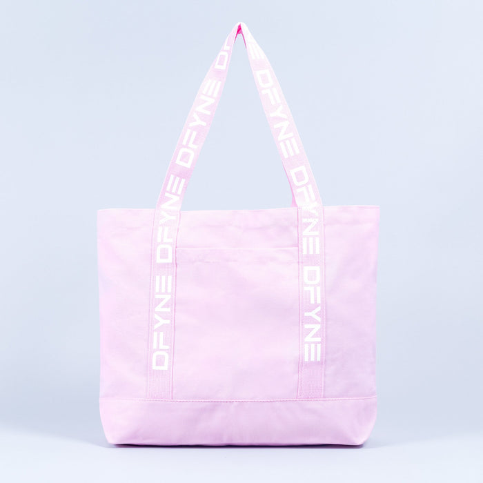 Light pink tote bag with wide handles and vertical logo tape on each side.