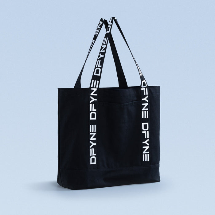 Black canvas tote bag, folded top and two logo strap handles