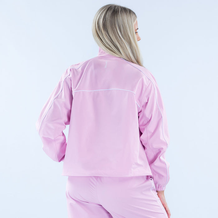 Pink track jacket back view with full-zip and elastic cuffs