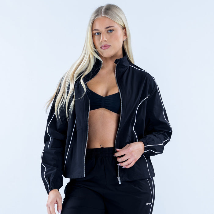 Women's black track jacket with full zip front and white piping details