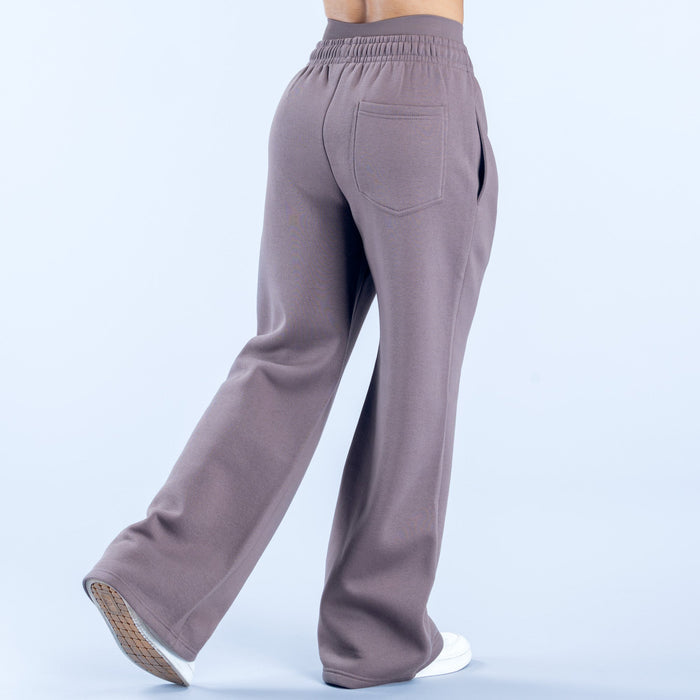 Taupe wide-leg joggers with elastic waistband and back patch pocket