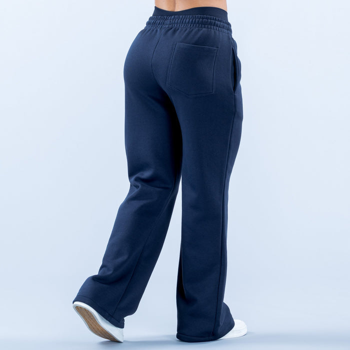 Dark navy wide-leg jogger pants with back yoke and patch pocket, elastic waistband