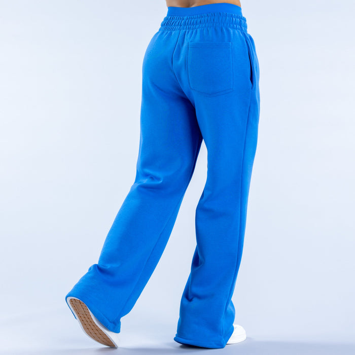 Blue wide-leg jogger pants with elastic waistband and back pocket