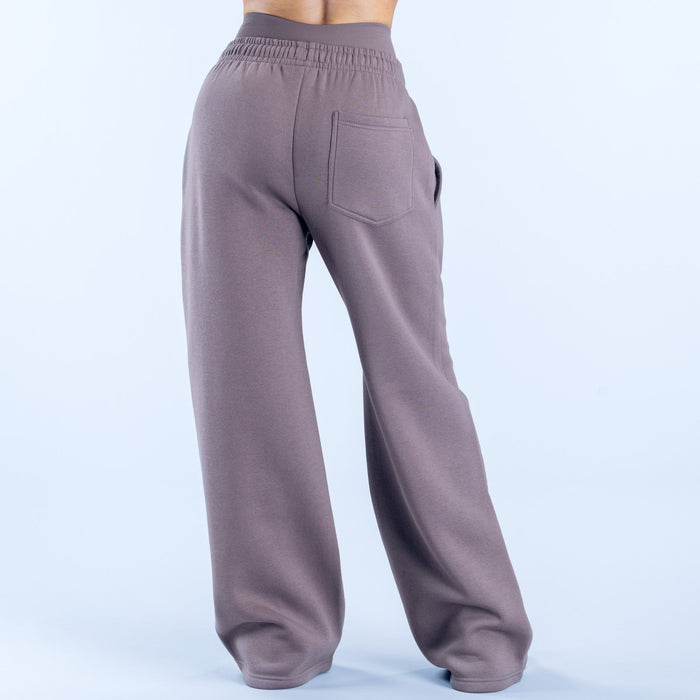 Taupe wide-leg joggers with elastic waist and patch pockets
