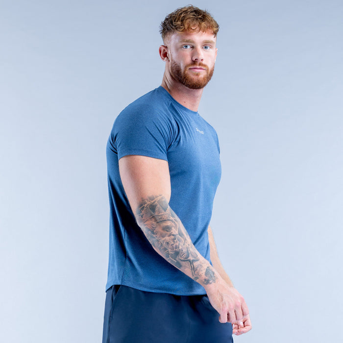 Blue crew-neck training T-shirt, short sleeves, side profile