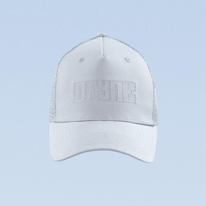 White trucker cap with raised front logo embroidery and curved brim