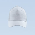 White trucker cap with raised front logo embroidery and curved brim
