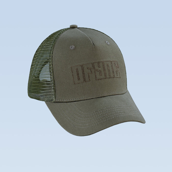 Olive green trucker cap with curved brim, mesh back, and embroidered front logo