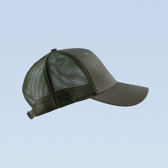 Olive green trucker cap with mesh back and curved brim, adjustable strap