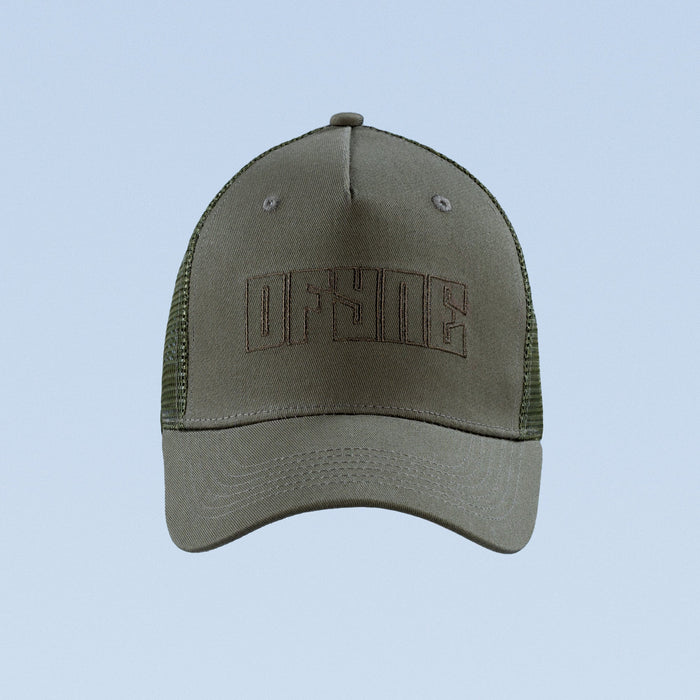 Olive green trucker cap with front Off World logo and mesh back