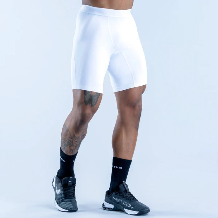 White base-layer cycling shorts with contoured fit and side seam panels