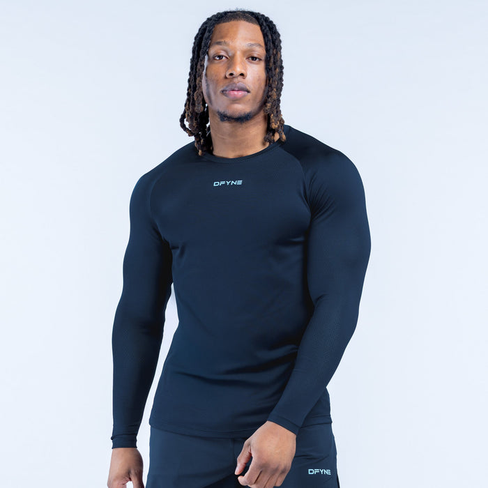 Men's long-sleeve training t-shirt, dark navy, crew neck with small chest logo