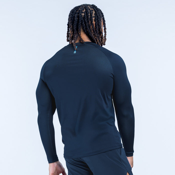 Men's long-sleeve training t-shirt, dark navy, crew neck, plain back with logo