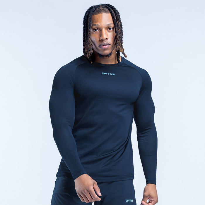 Men's long-sleeve training t-shirt, dark navy, chest and sleeve logos, fitted fit