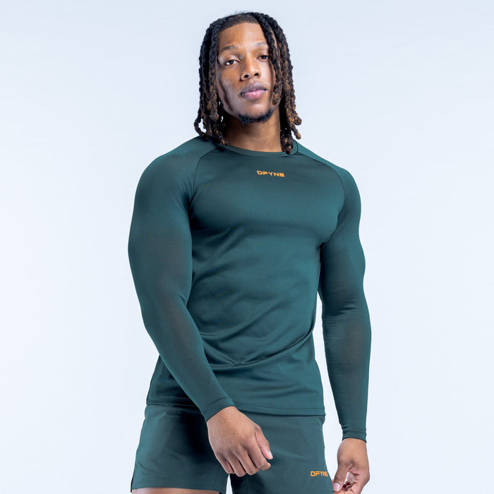 Long-sleeve training t-shirt, dark teal green, crew neck, chest and sleeve logo