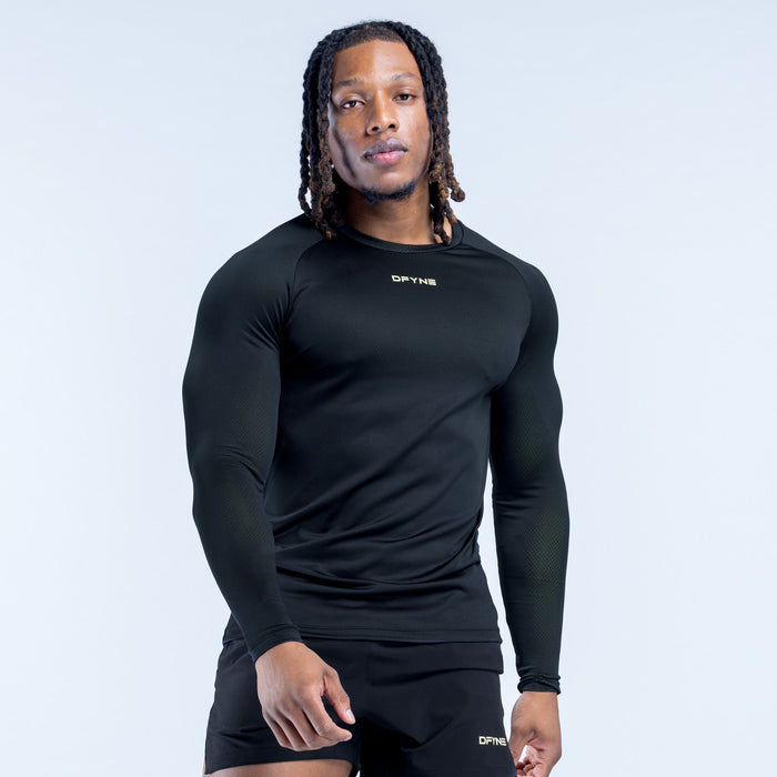 Black long-sleeve training T-shirt front view with chest logo and crew neck.