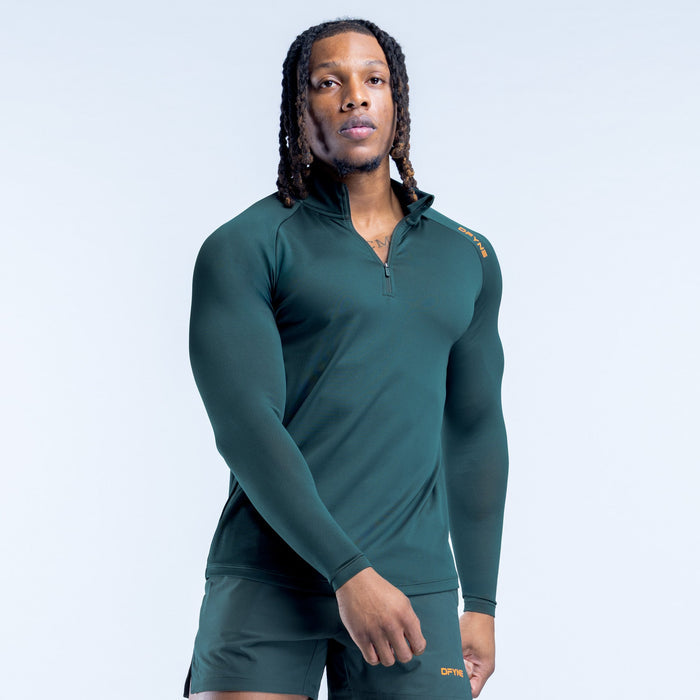 Teal long-sleeve quarter-zip athletic top with zip-up neckline