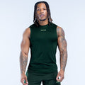 Dark green sleeveless tank top with crew neck and small chest logo