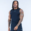 Dark navy sleeveless tank top, front view with DRYNE logo