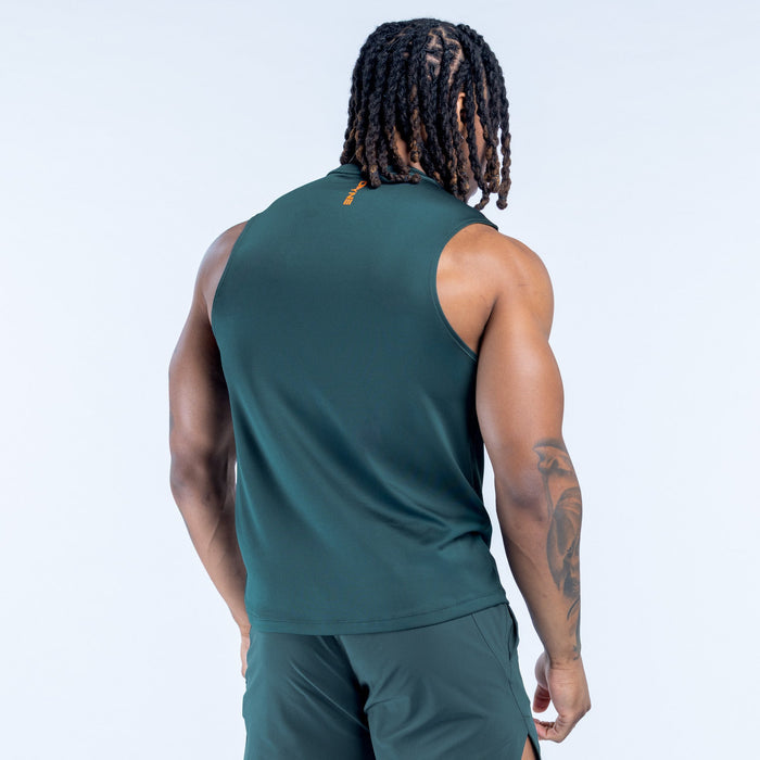Unbound tank, sleeveless, deep green; racerback straps and back collar detail