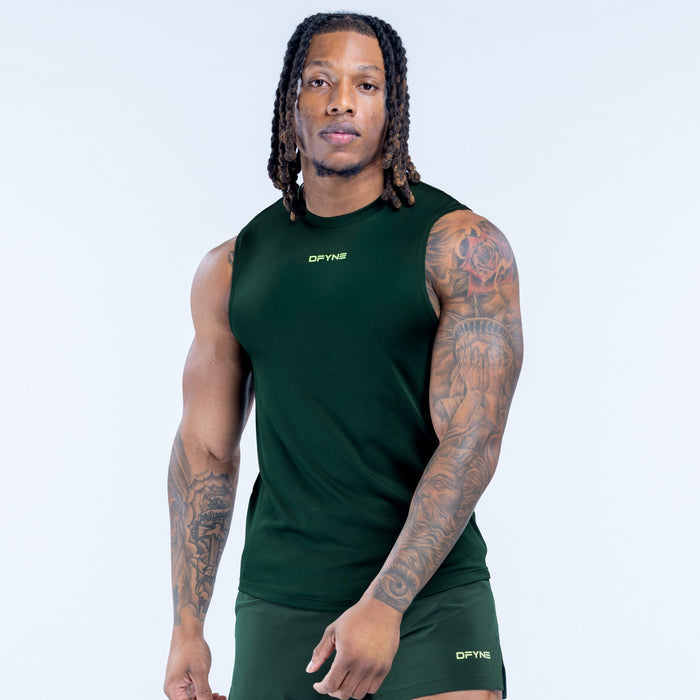 Dark green sleeveless tank top with crew neck, logo on hem