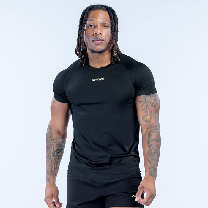 Black training T-shirt with short sleeves and crew neck, small chest logo