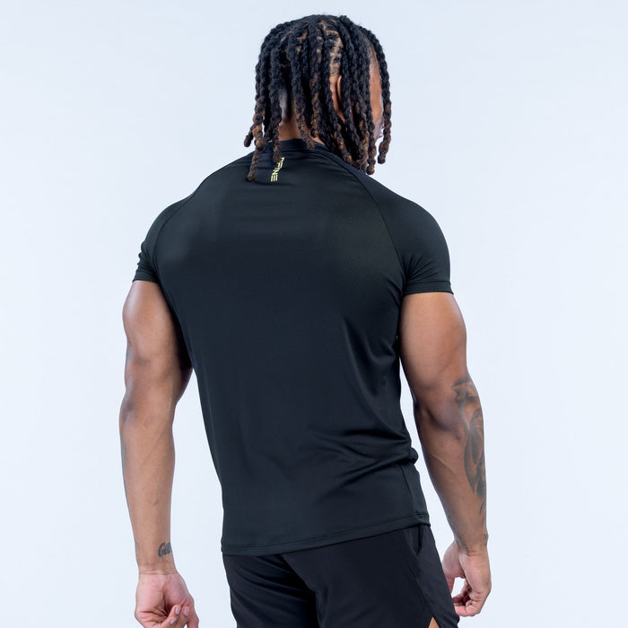 Black training T-shirt back view with crew neck and short sleeves, small logo