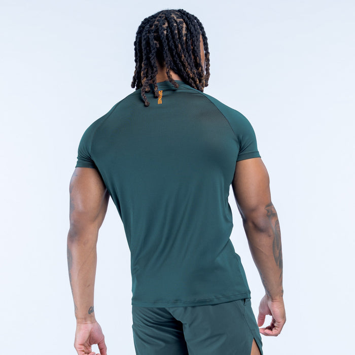 Men's dark green training T-shirt, back view with small neck logo