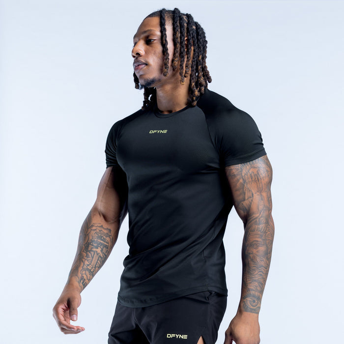 Black training T-shirt with short sleeves and crew neck, chest logo visible