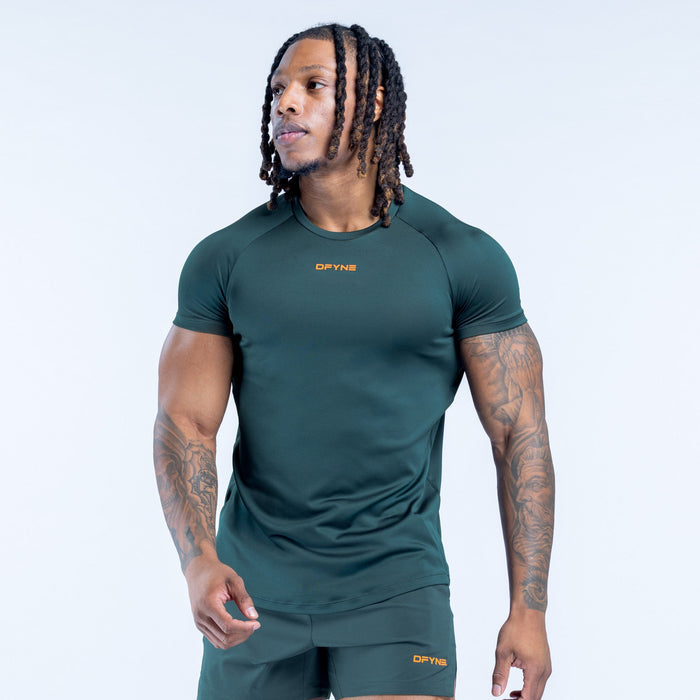 Men's dark green training T-shirt, front view with chest and hem logos