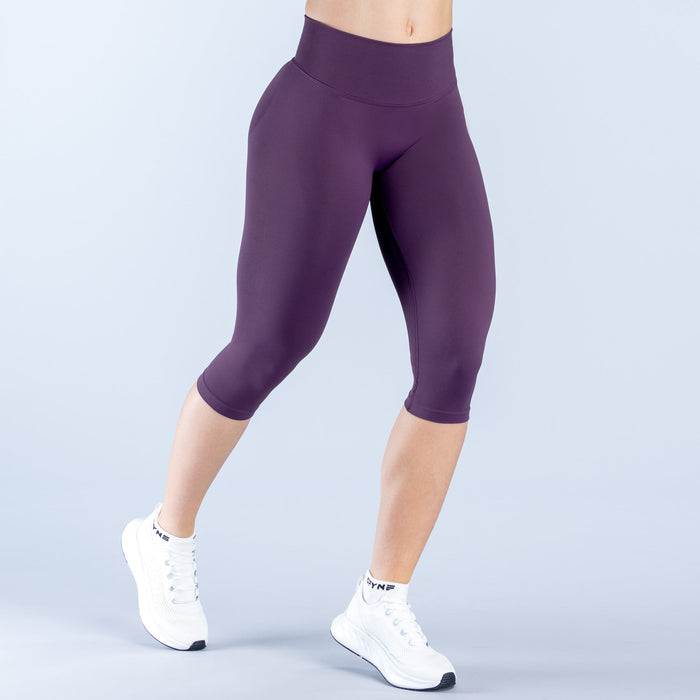 Women's dark purple capri leggings with straight waistband, ankle-length 3/4 hem