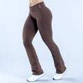 Brown flared leggings, side view, flared at ankles