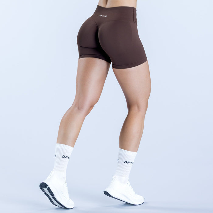 4.5-inch athletic shorts, dark brown, form-fitting with smooth front