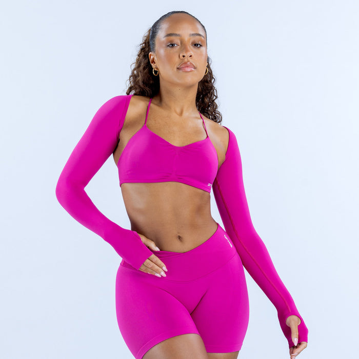 Magenta long-sleeve fitted shrug with scoop/V-neck front